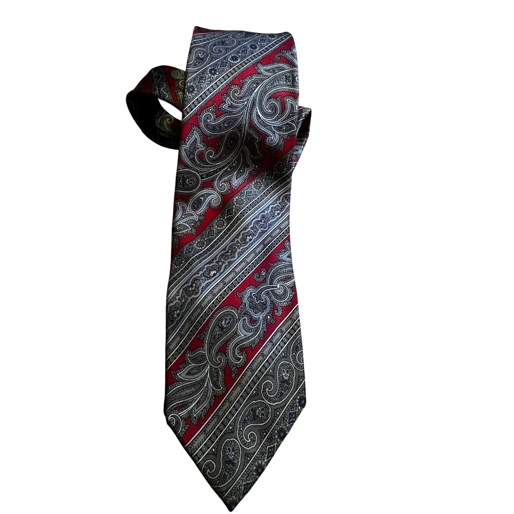 John Comfort Paisley Tie Mens Red Grey Excellent Silk Made in England Wide